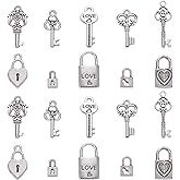 Ornazy 100 pcs 10 Styles Tibetan Heart Lock and Key Charms Antique Silver Key Lock Charms for Bracelets Earring Necklace Jewelry Making DIY