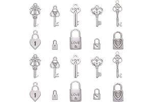 DanLingJewelry 100pcs 10 Styles Tibetan Alloy Charms Tibetan Heart Lock and Key Charms Mini Alloy Key Lock Charms for Jewelry Making DIY