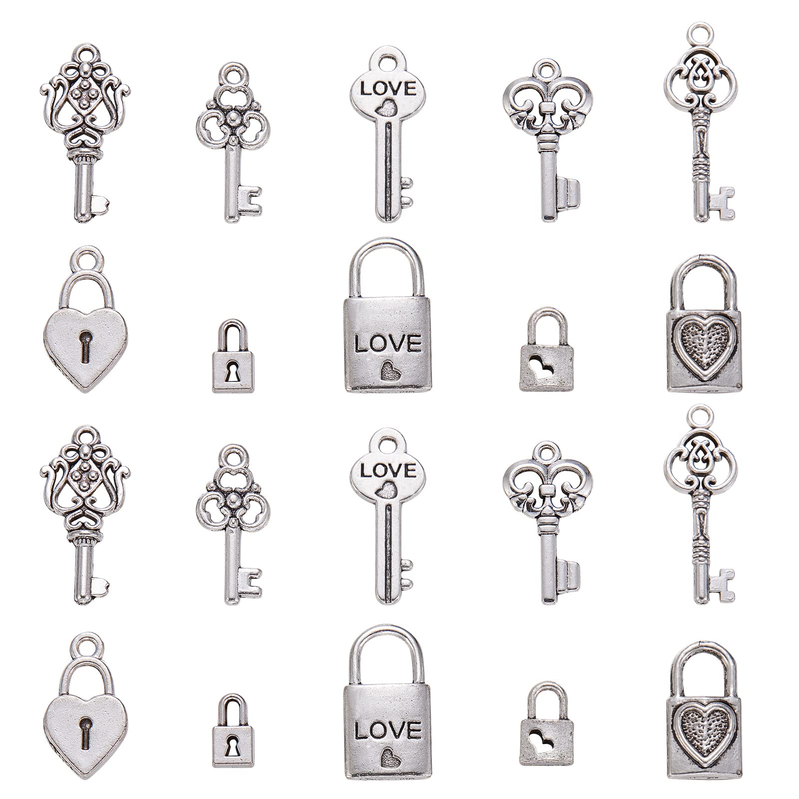 Airssory 100Pcs 10 Styles Vintage Padlock Skeleton Key with Heart Lock Bead Charm for Friendship Valentine DIY Necklace Bracelet Keychain Making โ image 1