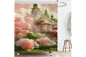 Yuyouqu Fantastic Kids Mushroom Wonderland Shower Curtain Cartoon Cloud Castle Theme Fabric Shower Curtain Bathroom Decor Sets with Grommets and Hooks 72 x 72 Inch Pink Green