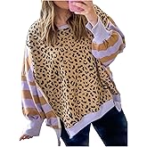 Milumia Women's Striped Leopard Print Sweatshirt Long Sleeve Side Slit Loose Pullover Tops