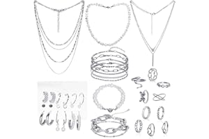 34 Pcs Silver Jewelry Set for Women Layered Bracelets Ball Dangle Hoop Earrings Stackable Knuckle Rings Set Dainty Adjustable