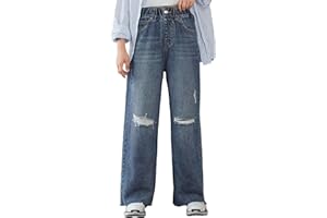 NABER Kids Girls Elastic Waist Cool Ripped Jeans Washed Denim Wide Leg Ripped Denim Jean Age 5-15 Years