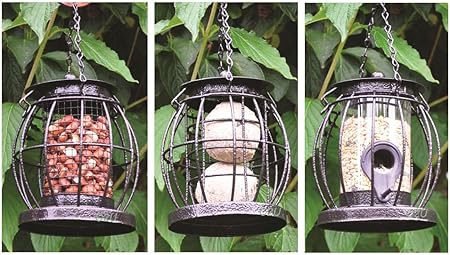 Set Of 3 Mini Caged Hanging Lantern Wild Bird Feeders Seeds Nuts