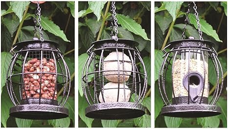 Set Of 3 Mini Caged Hanging Lantern Wild Bird Feeders Seeds Nuts Fat Balls Squirrel Guard Amazon Co Uk Kitchen Home