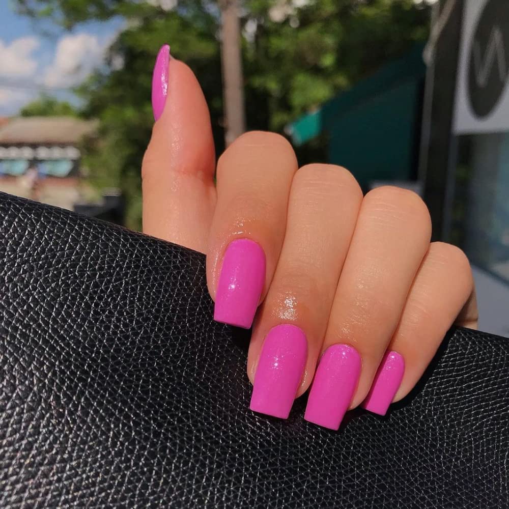 Hot Pink Nails Press ons Neon Pink Press on Nails Medium Square Glue on Nails Medium Length Short Acrylic Nails Glue on Medium Coffin Nails Fake Nails False Nails for Women Solid Color Gel Nails 24Pcs - Image 2