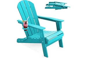 LOUNZY Folding Adirondack Chair with Cup Holder, HDPE All-Weather Folding Patio Chair, Outdoor Patio Adirondack Chair for Lawn Porch Garden Backyard Deck Fire Pit, Aruba