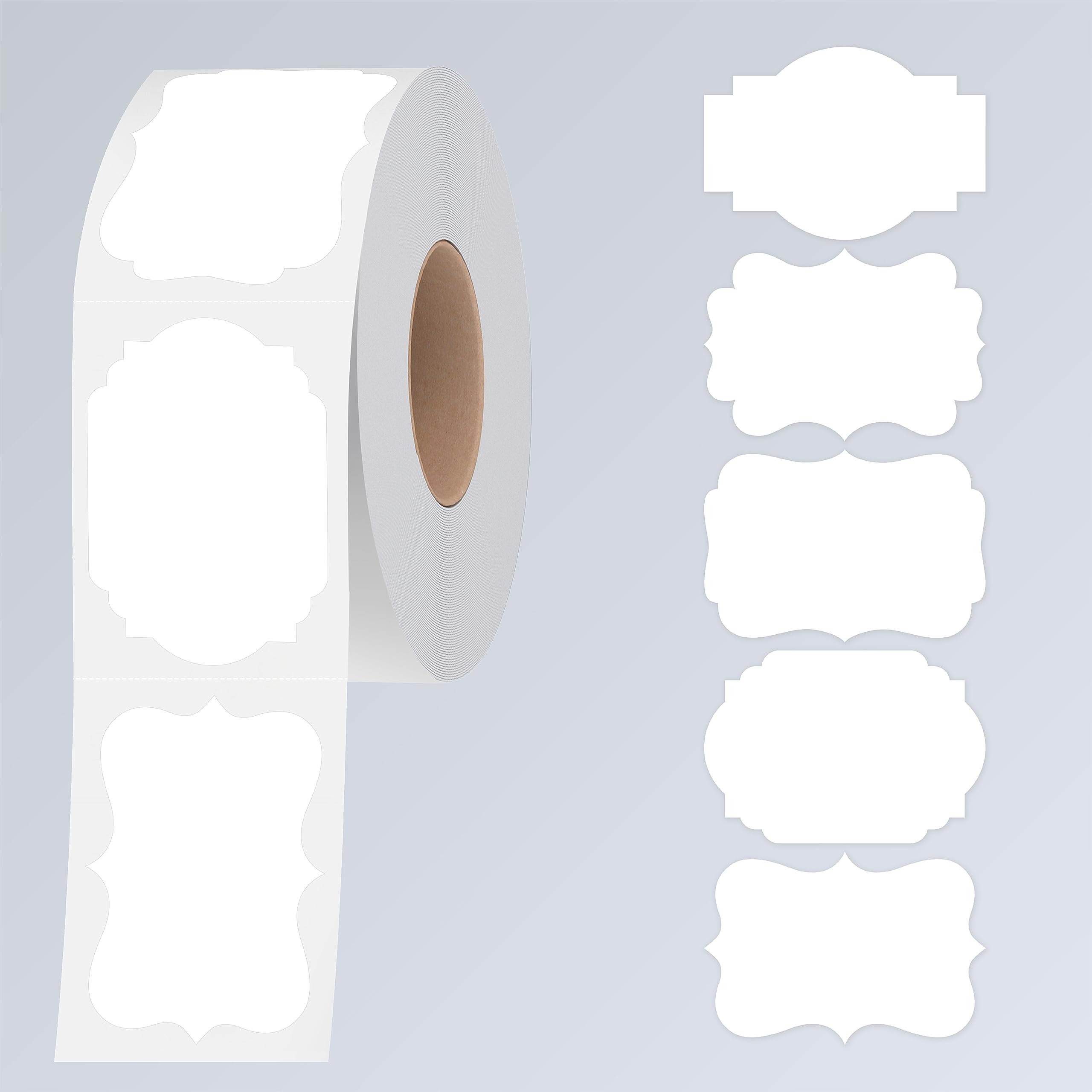 Photo 1 of 300 PCS White Stickers, 5 Fancy Shapes Labels Blank Stickers Roll White Name Tags with Permanent Adhesive for File Folders, Food Jars, Gift Tags, Home Office Business Uses (2” x 3”)