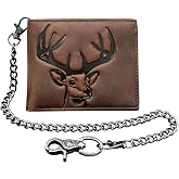XIXTUT Cowhide Leather Deer Bifold Wallet for Men,Slim Profile Hunting Wallet RFID Wallet Slim Bifold Wallet Christmas Gift for Men with Chain.