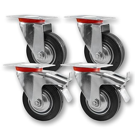 Nirox N1025 Transportrollen Schwerlastrollen, Lenkrolle & Lenkrolle mit Bremse 200mm, Vollgummi, 4 Stück im Set