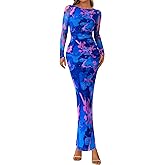 PRETTYGARDEN Women's Long Sleeve Bodycon Dresses 2026 Spring Sexy Floral Mesh Slit Ruched Tight Maxi Wedding Guest Dress