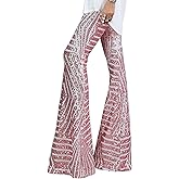 Bdcoco Womens High Waist Sequin Sparkle Flared Pants Wide Leg Bell Bottom Trousers