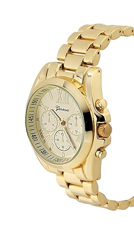 Fathers Day Gift Geneva Yellow Gold Tone Classic Round Mens Watch. Faux Chronograph Design. Metal Band Gift Box Included