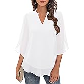 Bebonnie Womens Tops Dressy Casual Ruffle 3/4 Sleeve V Neck Double Layers Chiffon Blouses Tops