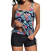 Tankini Swimsuits with Shorts - Two Piece Tummy Control Bathing Suit Side Tie Top with Boy Short Bottom
