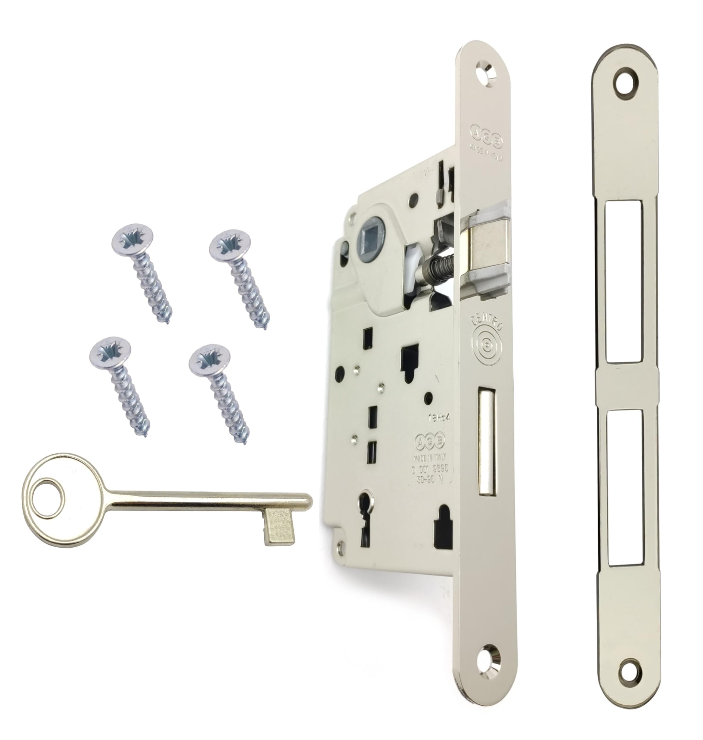 AGB - Center Series Internal Door Lock (Fr. 22x196, In. 90, En. 50, Qu. 8., KEY CHAIN, NICHELATE)
