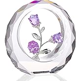 Crystal Purple Rose Bouquet Figurines Glass Flowers with Stems Valentines Anniversary Rose Gifts for Girlfriend Wife, Purple Crystal Rose in Glass Ring Collectible Figurines Forever Roses Decor