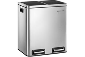 SONGMICS Garbage Can, 2 x 4 Gallon (2 x 15 L) Trash Can, Recycle Bin with Soft-Close Lids, Pedals, and Inner Buckets for Kitc