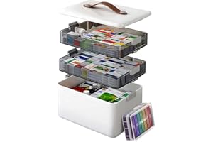O-MART 3-Tier Medicine Cabinet Organizer with Leather Handle, Empty Plastic First Aid Kit, Multipurpose Storage Box with A Portable Weekly Pill Organizer for Family Emergencies, Home, Travel, White