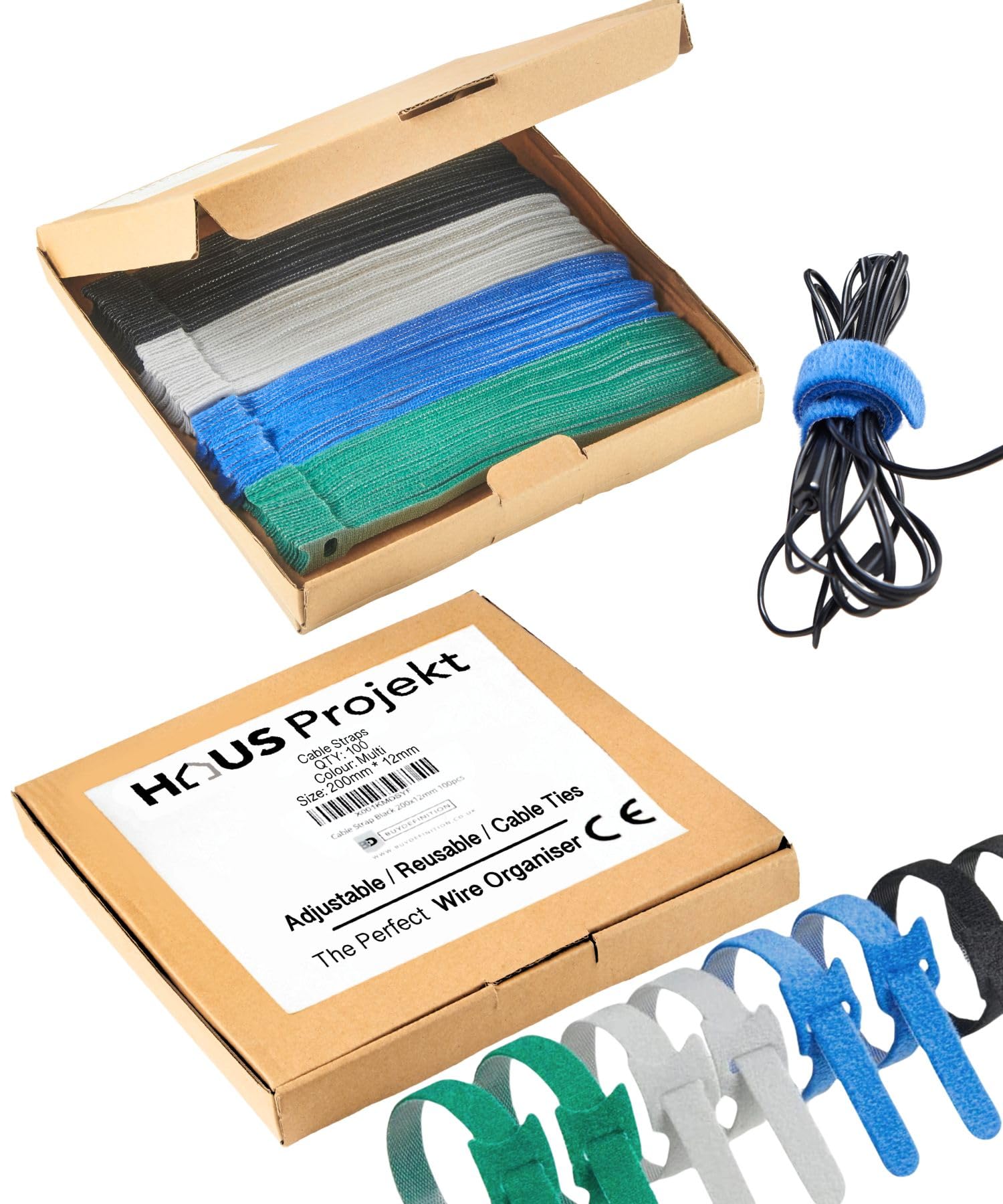 100pcs in Tidy Box, Reusable Cable Ties, Multicolour Strong Adjustable Hook and Loop Cable Fastening Straps, Wire Wraps, Cable Organiser for Offices, Home, USB Cables, Garden Tree Plant Tie 200x12mm