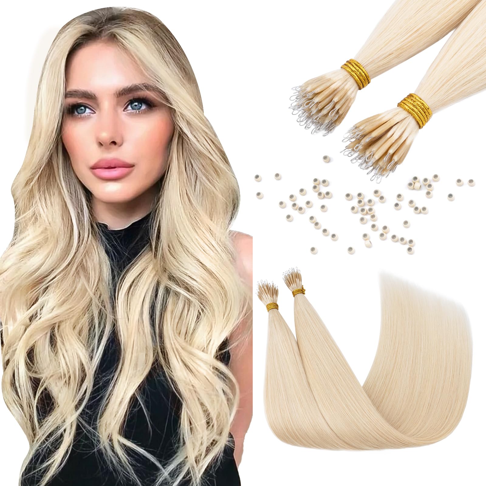 Elailite Nano Beads Hair Extension Real Human Hair With Nano Ring 50 Strands Cold Fusion Straight （#70 Bleach White, 20 Inch) — image 1