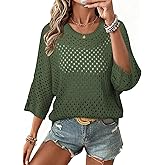 SHEWIN Womens Sweaters Crew Neck 3/4 Length Sleeve Crochet Tops Knit Beach Cover Ups Spring Outfits for Women
