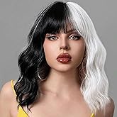 Miuric Black and White Wig for Women Short Wavy Wig with Bangs Bob Curly Wich Wigs Women's Colorful Synthetic Shoulder Length for Cosplay Halloween Party
