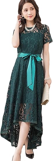 Amazon ケイミ Keimi レディーズ ワンピース結婚式 パーティードレス 総レース 大きいサイズ 夏フォーマルスイング 短袖 Aライン 膝丈 リボン グリーン キャメル ブルー ネイビー ワンピース チュニック 通販