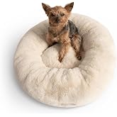UnHide Floof Pet Bed, Extra Soft Dog Bed with Removable Faux Fur Cover | Orthopedic, Donut Shaped Pet Bed, Machine Washable, Helps Ease Pet Anxiety, Small, 23" x 8", Beige Bear