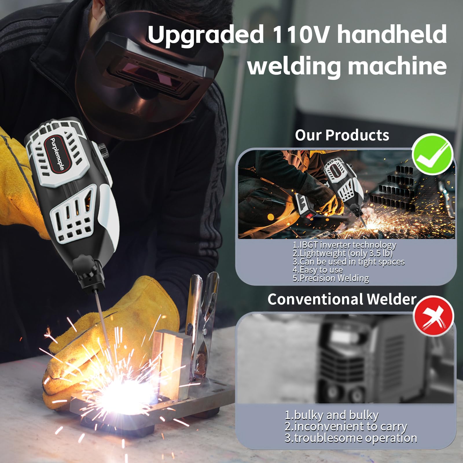 Purplemaple Portable Hand held Welding Machine for Metal, 20-120A 110V Electric Welding Machine with IGBT Inverter 5 Variable Current Adjustment, ARC Welder Gun, With 20 Pcs 3/32