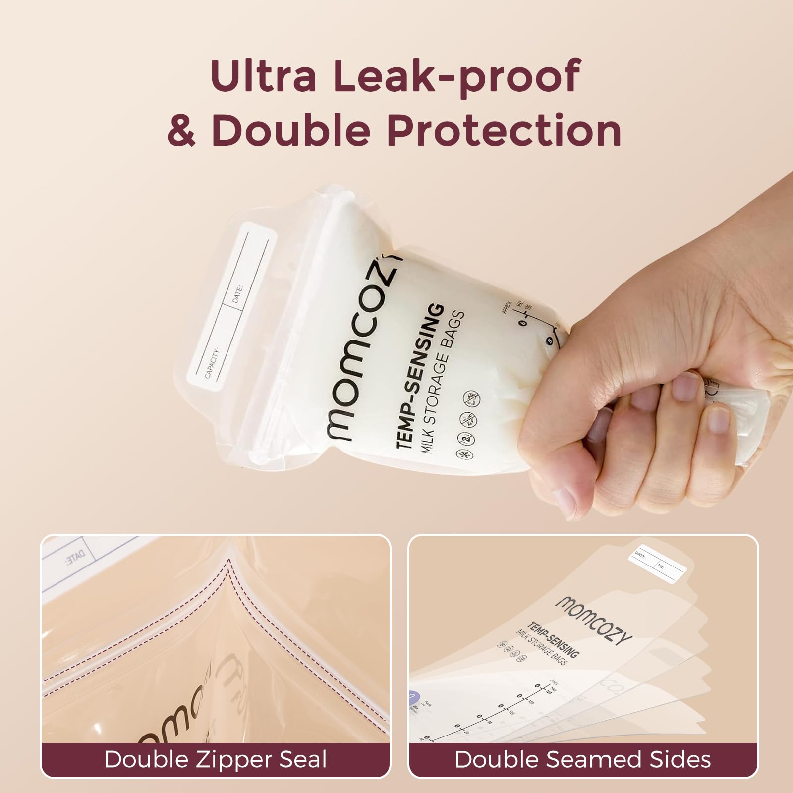 Momcozy Breastmilk Storing Bags, Temp-Sensing Discoloration Milk Storing Bags for Breastfeeding, Disposable Milk Storage Bag with 6 Ounce Self Standing, No-Leak Milk Freezer Storage Pouches, 120pcs