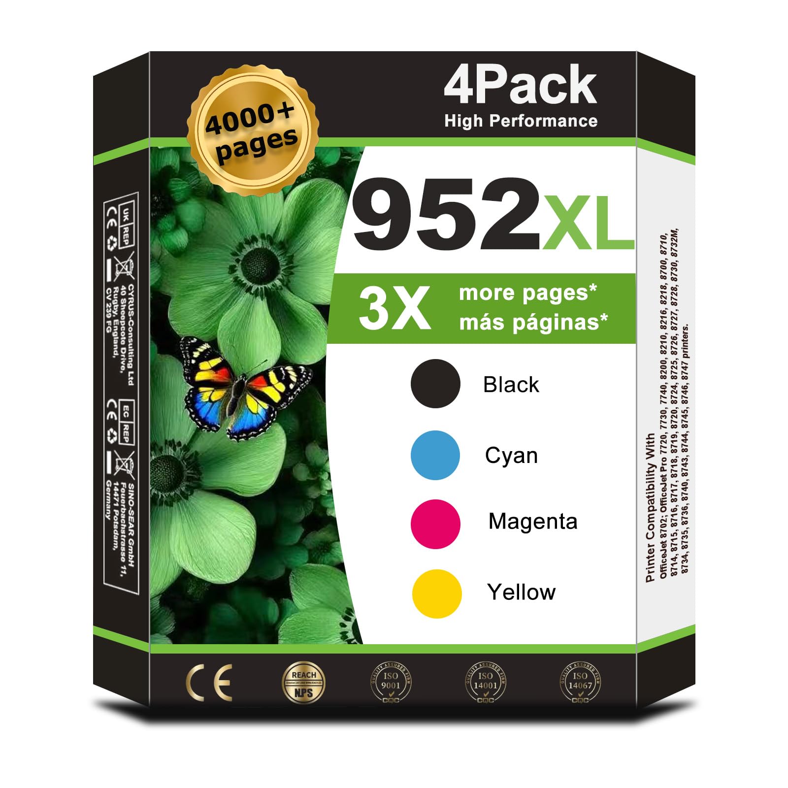 Photo 1 of 952XL Ink Cartridges Black Color Combo Pack Compatible for HP 952 Ink Cartridges Work with HP 8710 7740 OfficeJet Pro 8720 8725 8210 8715 8702 8740 7720 8730 8216 Black Cyan Magenta Yellow(4 Pack)