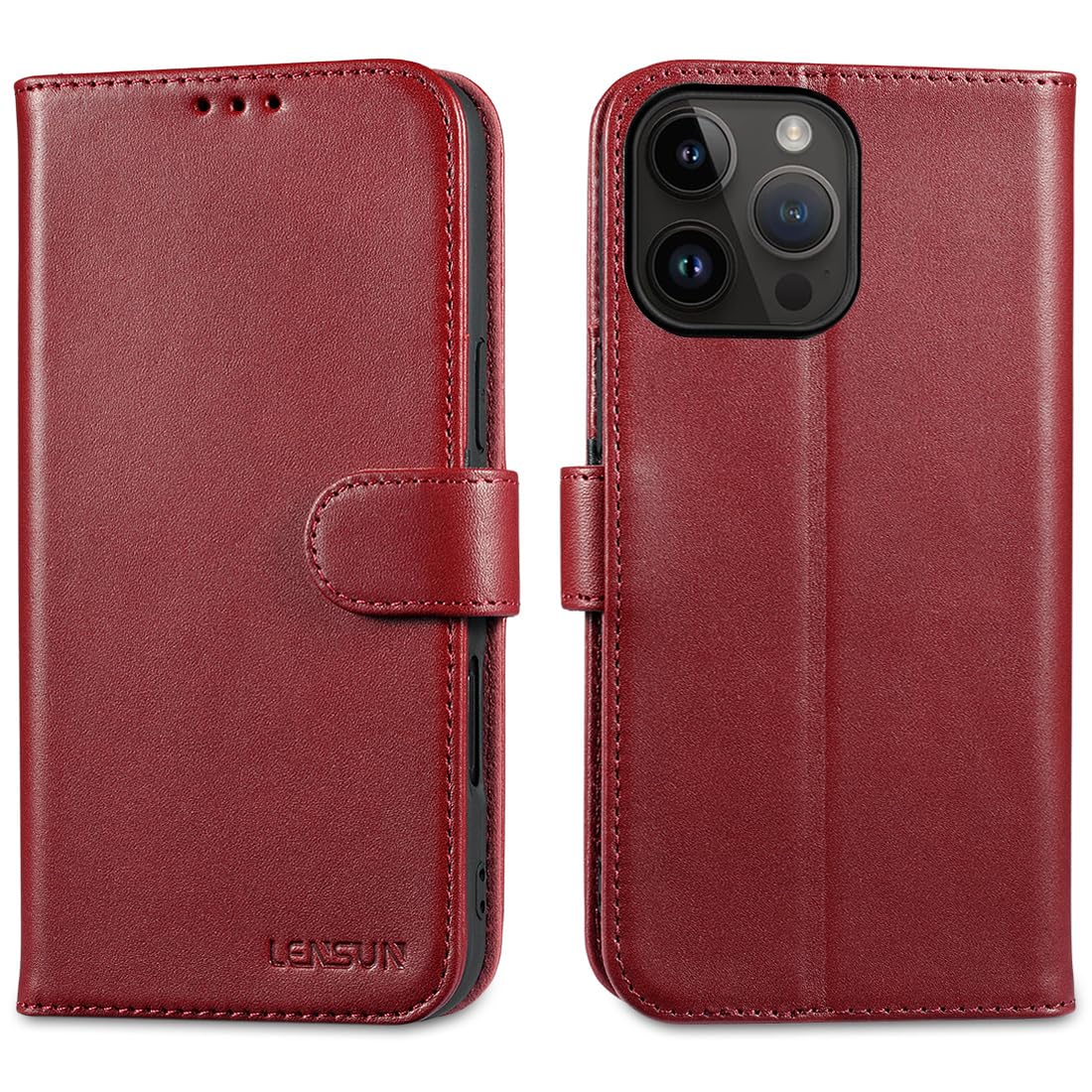 LENSUN iPhone 16 Pro Max Case, Genuine Leather Case Cover [RFID Blocking] Wallet with Card Slots and Magnetic Closure for Apple iPhone 16 Pro Max - Wine Red — image 1