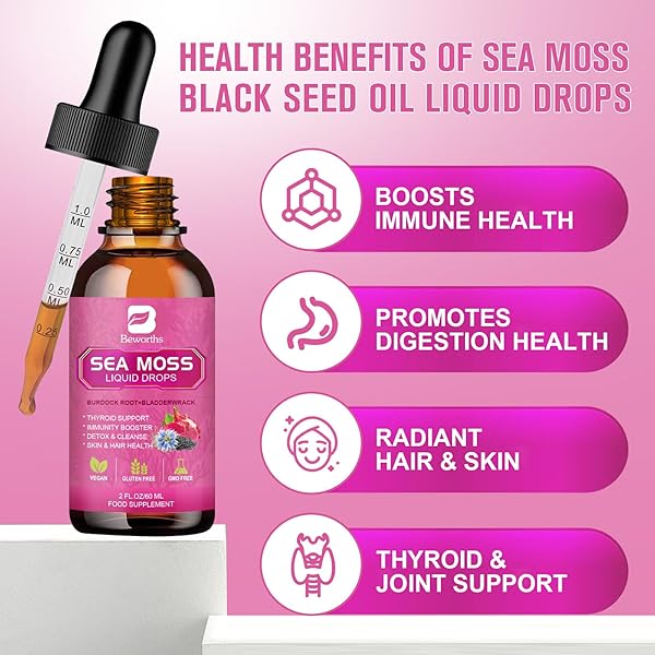B BEWORTHS SEA MOSS LIQUID DROPS – BLACK SEED OIL & IRISH SEA MOSS GEL WITH BURDOCK ROOT BLADDERWRACK, ELDERBERRY, SPIRULINA, SEAMOSS SUPPLEMENT FOR ENERGY BOOSTER, DIGESTIVE HEALTH – 4 FL OZ, VEGAN