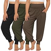 Oakgarden 3 Pack Girls' Lounge Yoga Pants with Pockets High Waisted Joggers Workout Running Sweatpants Kids Athletic Bottoms