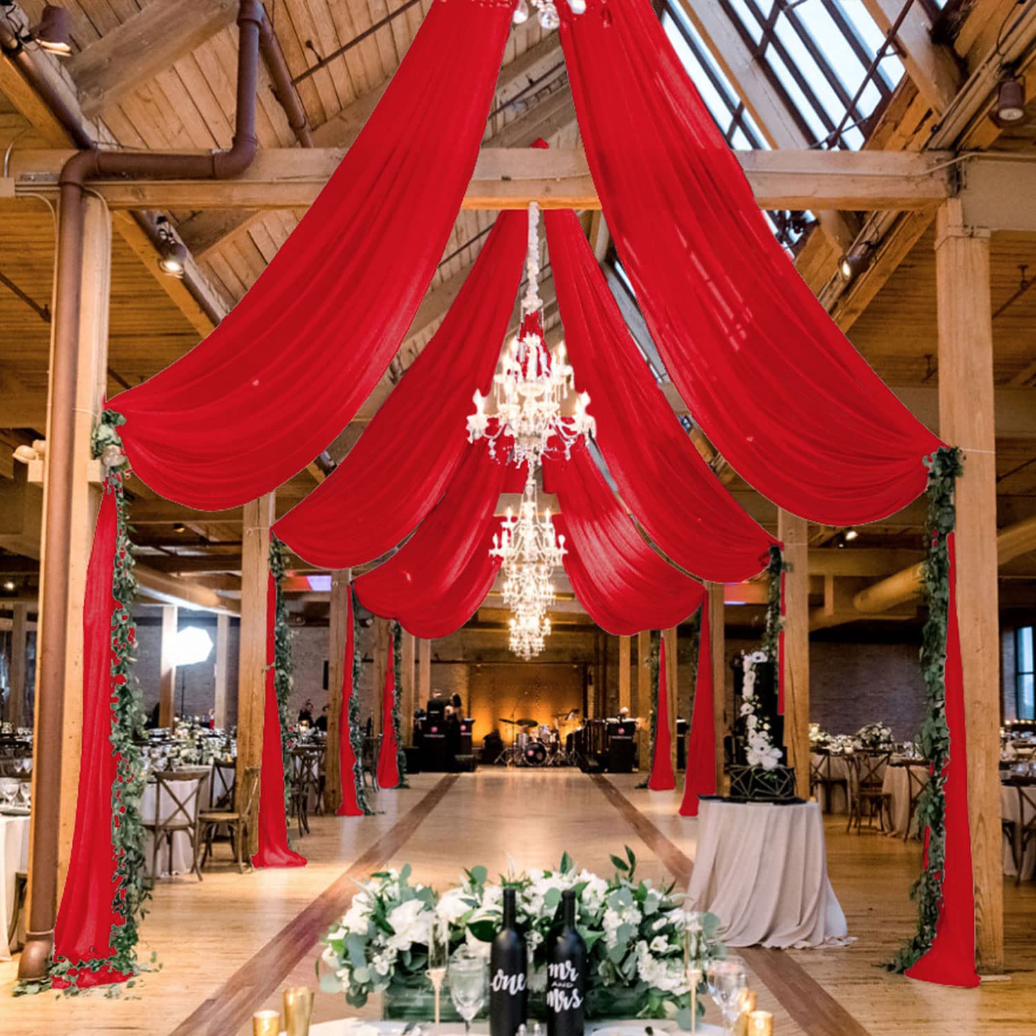Photo 1 of MODFUNS Ceiling Draping Red Ceiling Drapes for Parties 5x30FT 2 Panels Chiffon Sheer Draping Fabric for Wedding Arch Drapery Curtains Tulle Arbor Drapes for Wedding Reception Birthday Curtains