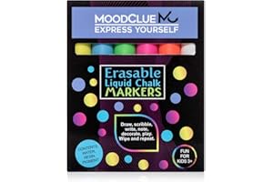 MoodClue Liquid chalk markers erasable. 6 neon dry & wet erase marker pens for windows, mirrors, whiteboards, chalkboards, glass boards, auto windshields. Reversible thick and thin tip. Washable