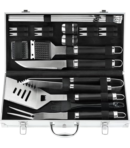 Ensemble D'outils De Barbecue GRILAZ - 3 Pièces En Acier Inoxydable Avec Poignées Bois De Rose - Spatule, Fourchette, Pince - Cadeau Pour Grill