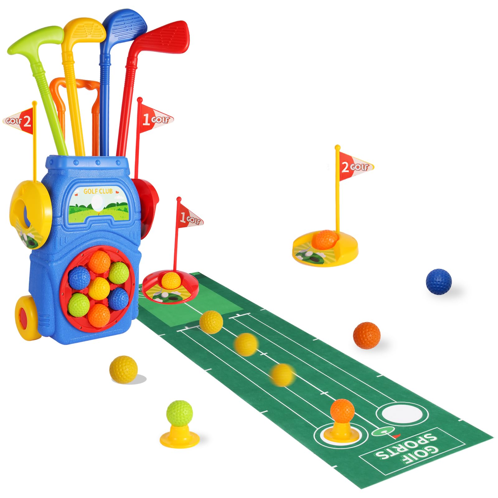 iFunLong Kids Golf Set | Toddler Golf Set with 7 Balls, 4 golf clubs, 2 Practice Holes，1 Golf Mat & Golf Cart | Safe, Non-Toxic Material | Perfect for Toddlers & Children Ages 3-5