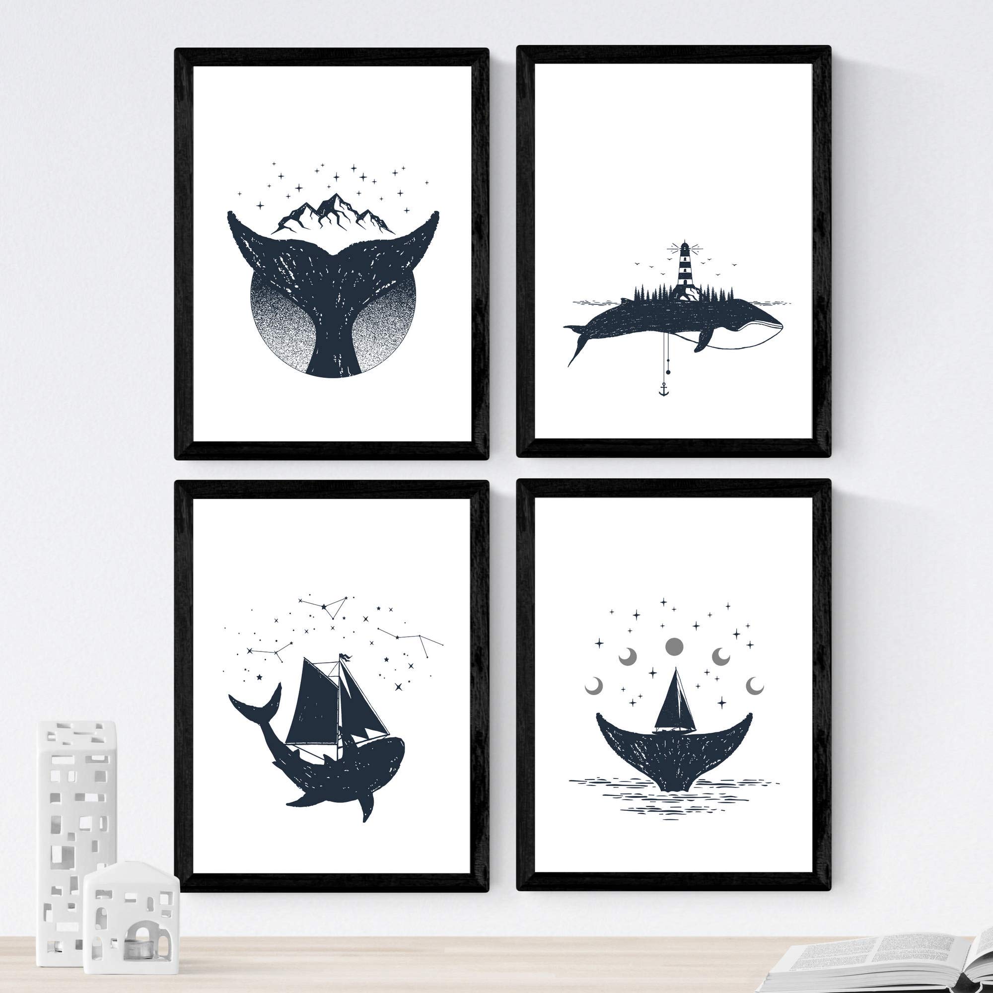 Nacnic Set of 4 prints of Whales. Beautiful nature designs in nordic style. Wall decoration for your home, office or shop. A4, frameless.