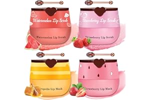 LZXLUKGIR 4PCS Lip Scrub and Mask Set,Strawberry and Honey Pot Lip Balm,Reduces Lip Lines Lip Exfoliator Scrub and Moisturizer,Repair Bee Lip Balm and Lip Scrub Set,Lip Mask Overnight