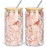 wangxitumug Floral Iced Coffee Cup 2 Set, 16 oz Drinking Cute Glass Cups, Aesthetic Matcha, Flower Glass Coffee Tumblers for Mama,Birthday Gifts for Women (flower set -white)