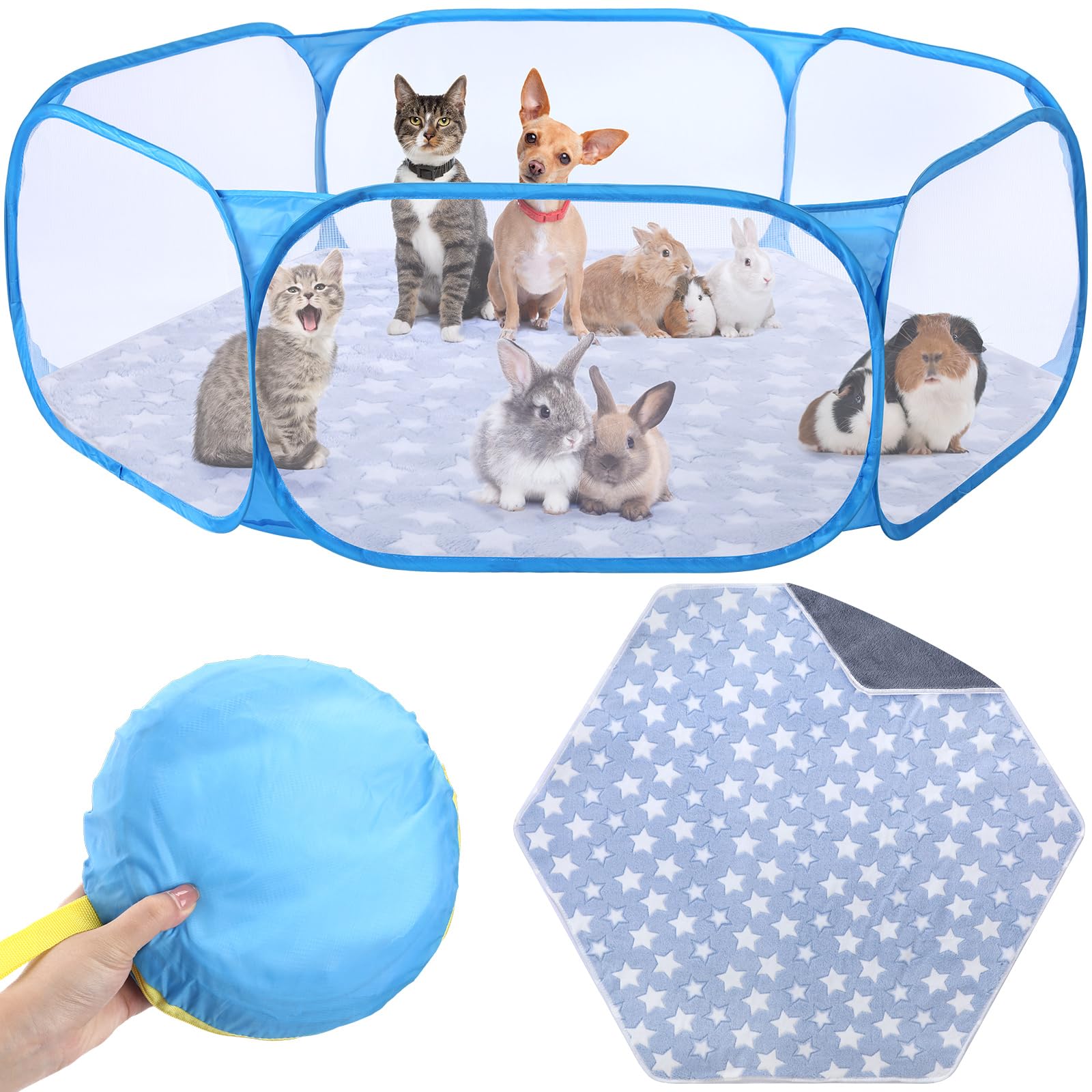 Photo 1 of VitalCozy Hamster Playpen with Mat Small Animal Cage Tent Breathable Transparent Guinea Pig Playpen Waterproof Portable Yard Fence Mat Foldable Exercise Playpen Outdoor Indoor (Blue,Star)