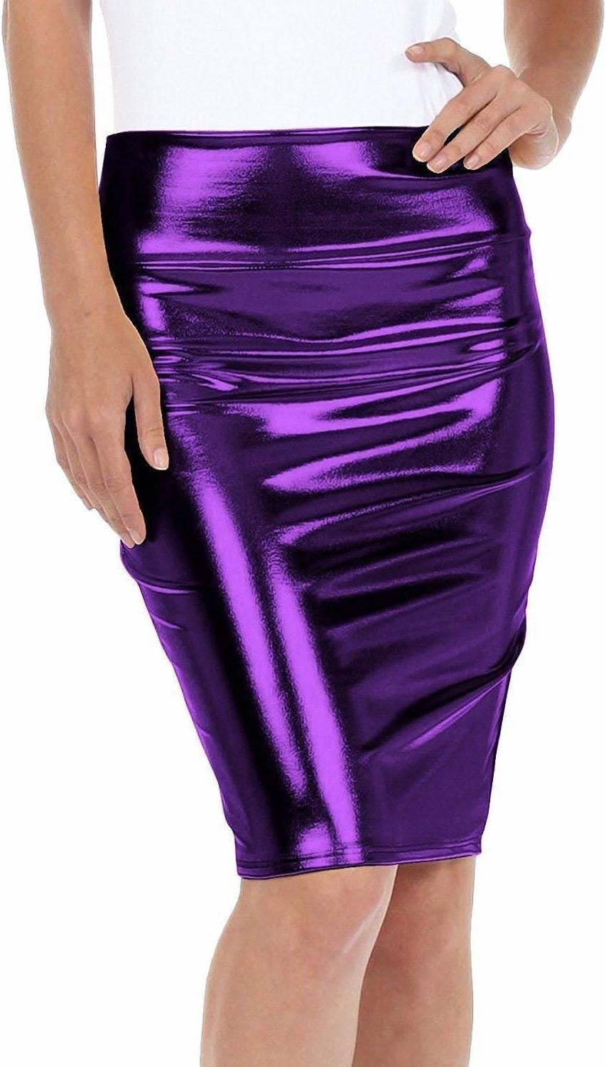 Prettymake Women High Waist Wetlook PVC Shiny Metallic Liquid Pencil Midi Skirt