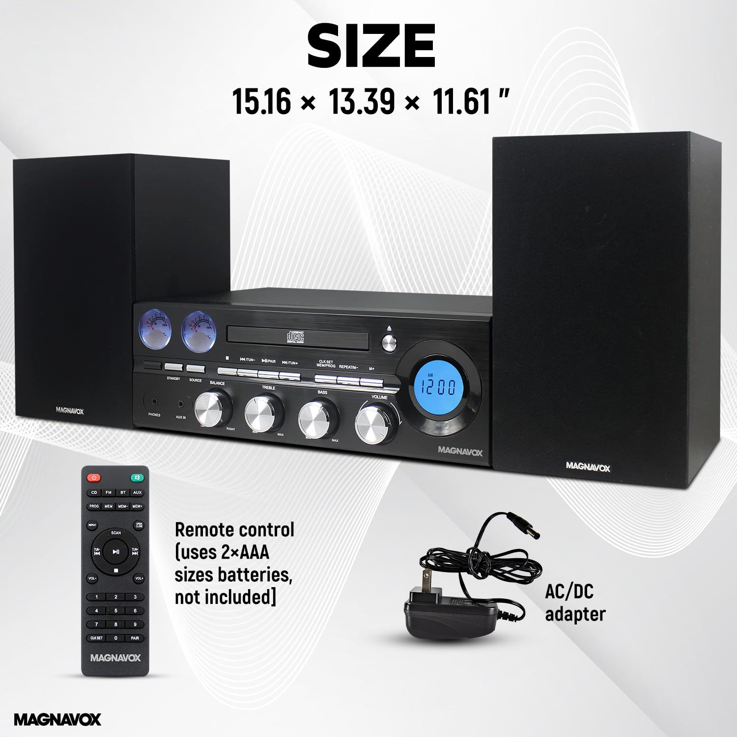 Magnavox MM451 3-Piece Tray Loading CD Shelf System with Digital PLL FM Stereo Radio, Bluetooth Wireless Technology, and Remote Control in Black | LCD Display | AUX Port Compatible |