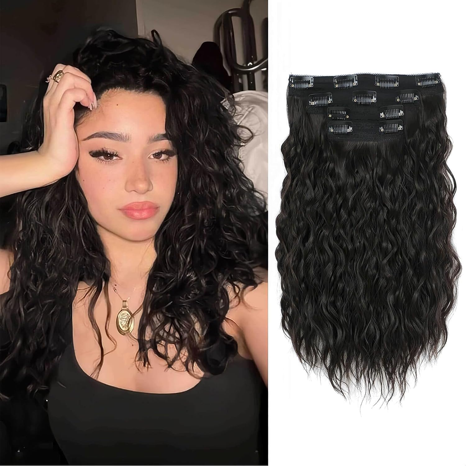 Flyroseing Hair Extensions Clip in,4PCS Clip in Hair Extension 16" Short Curly Dark Brown Hair Extensions Seamless Lace Weft Natural Soft Mermaid Waves Hairpieces for Women