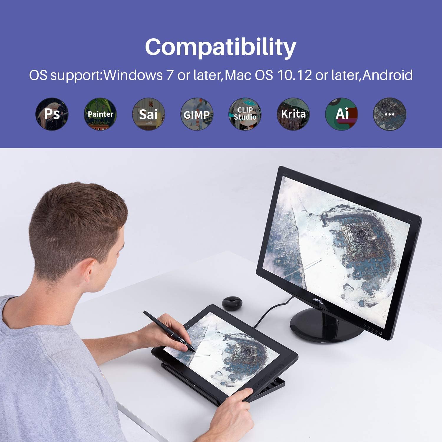 2020 HUION Kamvas 13 Android Support Graphics Drawing Tablet Monitor with Full Laminated Screen Battery-Free Stylus 8192 Pressure Sensitivity Tilt 8 Express Keys Adjustable Stand-13.3inch, Black: Computers & Accessories