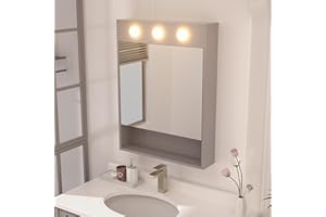 HAUSCHEN HOME 32x24 inch LED Lighted Medicine Cabinet with Mirror, Moisture-Resistant Wood, Stepless Dimmable, 3000K/5500K, Adjustable Shelf, Flat-Pack Design – Assembly Required (Grey)