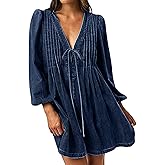 loveimgs Women Denim Jean Romper Overall Shorts Tie Front Pleated Romper Dress Deep V Neck Puff Sleeve Jumpsuit