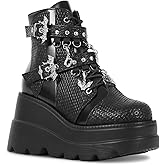 SONALOONG Goth Chunky Ankle Boots for Women - Bat Buckle DIY Platform,Zip Round Toe Lace Up Combat Bootie, Wedge Rave Boots Black Punk Shoes - Light Weight & Waterproof